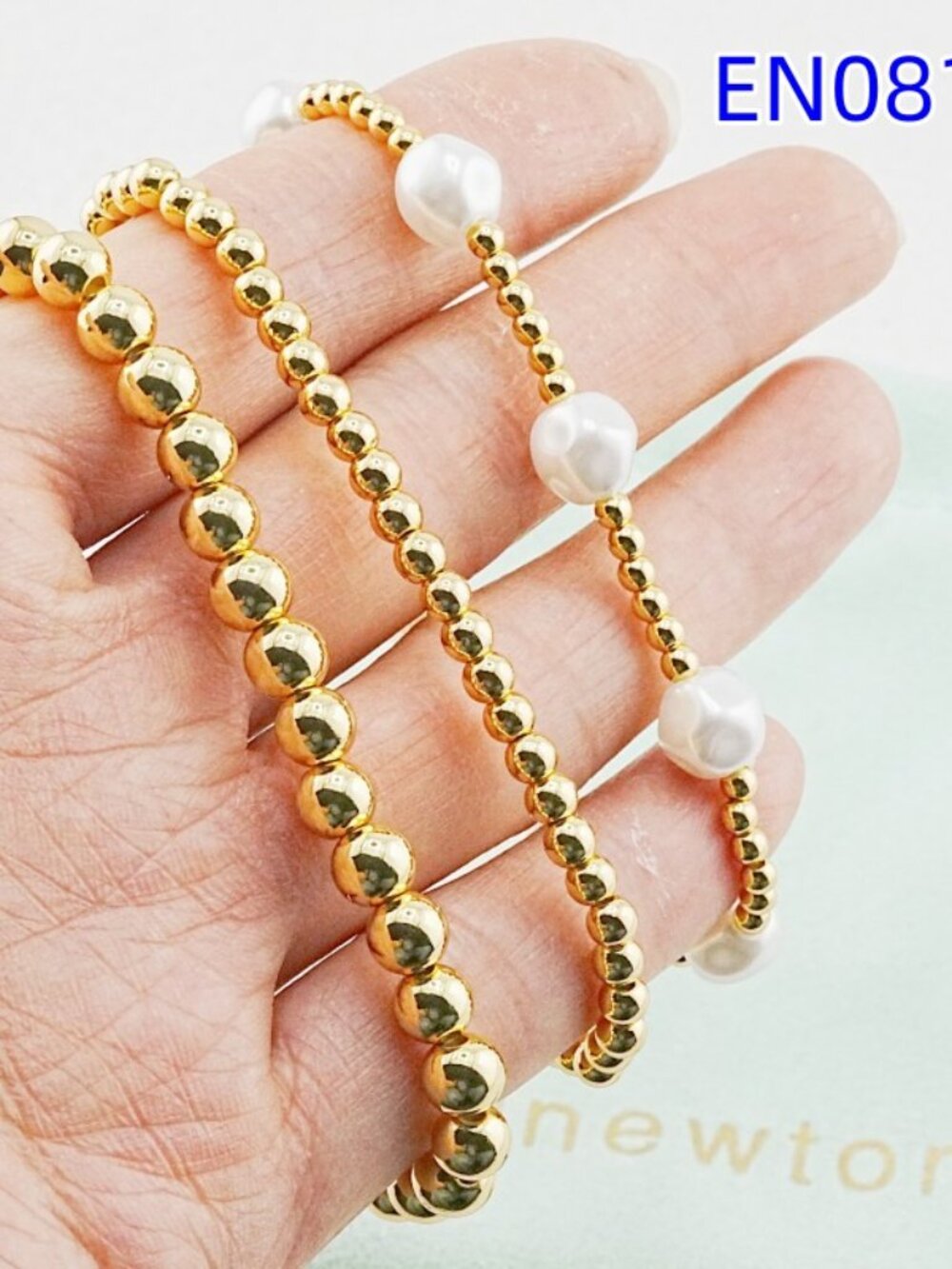 Enewton Gold Bead & White Pearl Bracelet Set